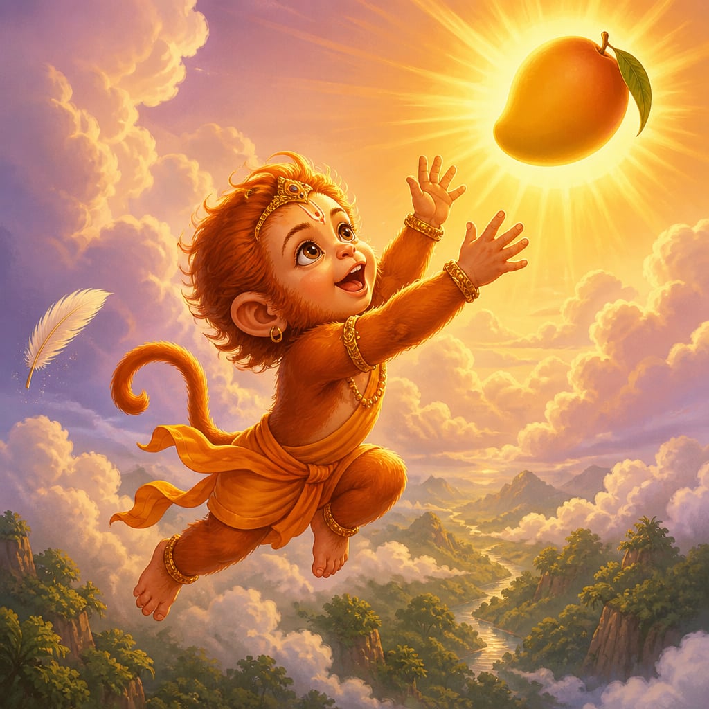 Baby Hanuman leaps joyously through the morning sky toward the rising sun, mistaking it for a ripe mango.