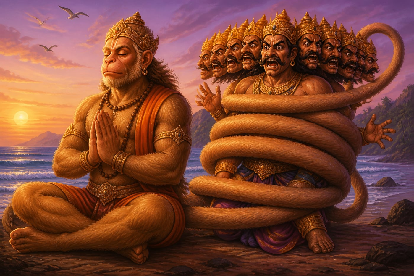 Vaali's tail binding Ravana during his evening prayers