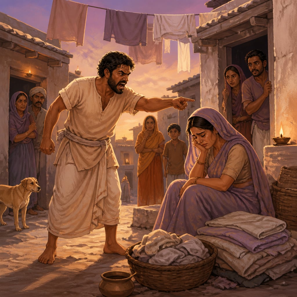 A washerman in a swept courtyard shouts cruelly at his weeping wife while neighbors listen from nearby doorways.