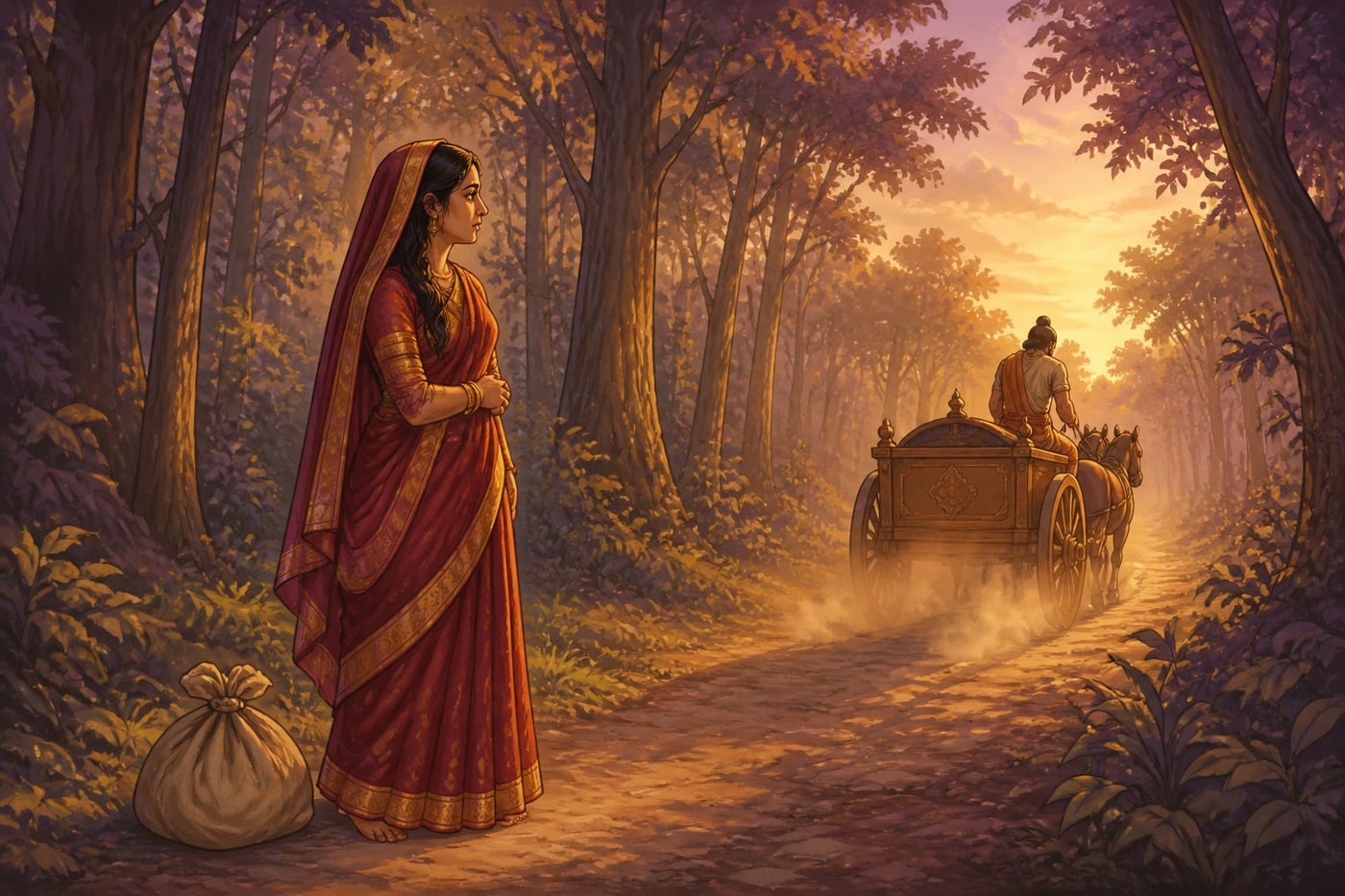 Lakshmana driving away as Sita stands alone at the forest edge