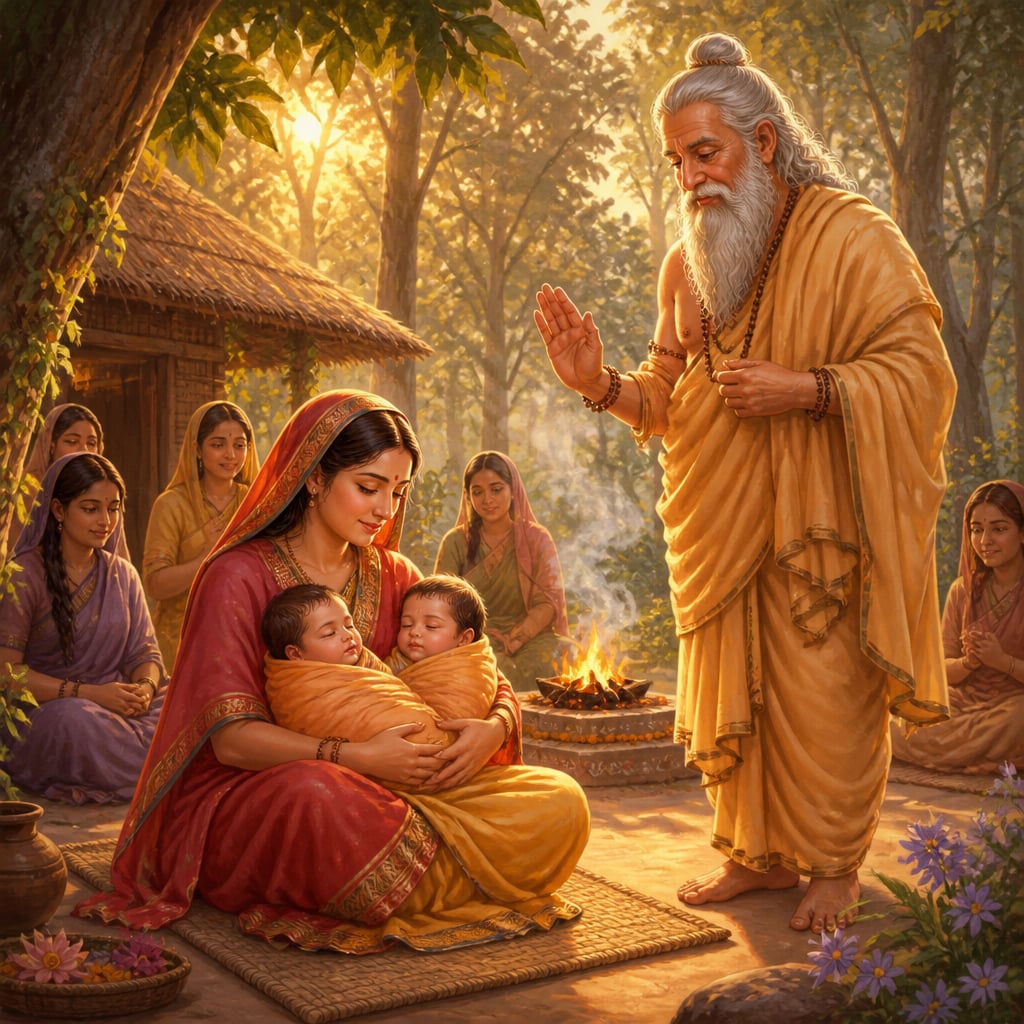Sita sits on a low mat in Valmiki's forest ashram cradling her newborn twin sons as the elderly sage raises his hand in blessing.