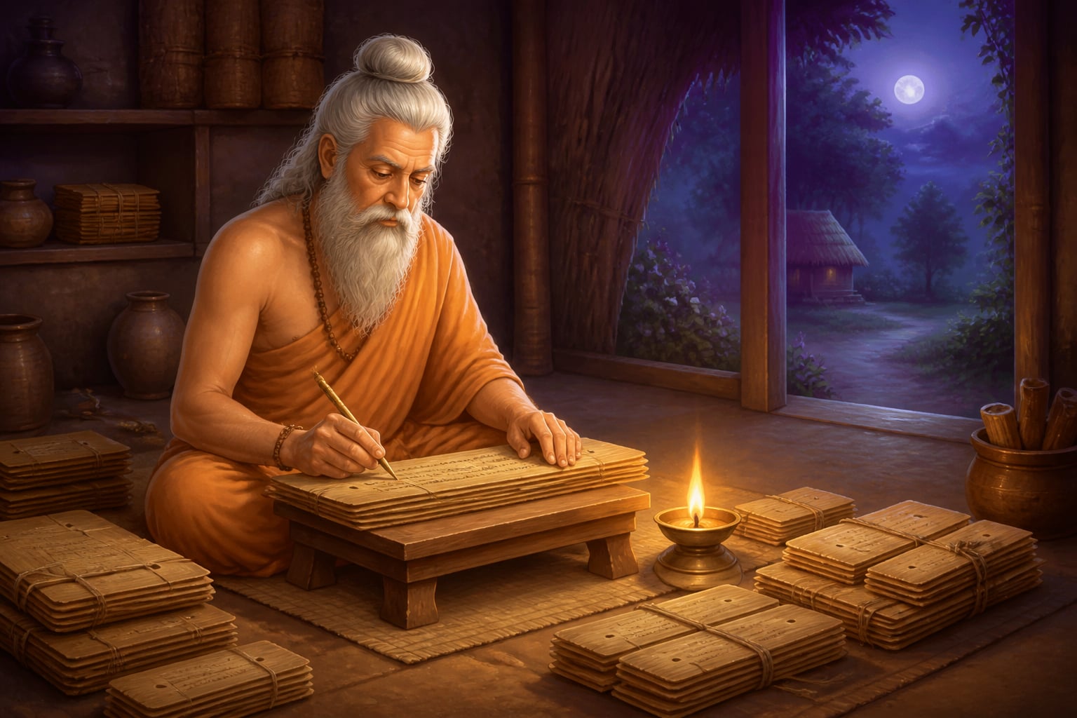 Valmiki composing the Ramayana by lamplight