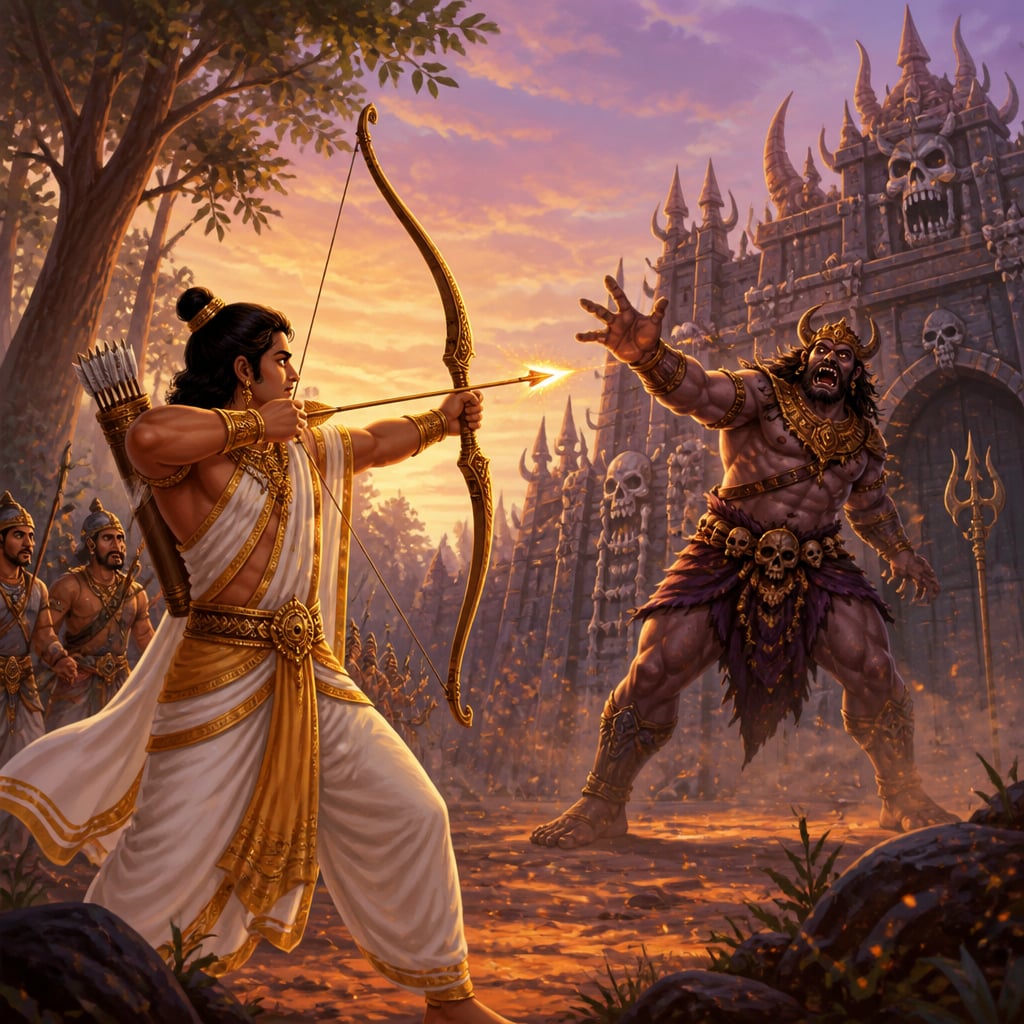 Shatrughna stands braced in a forest clearing at dawn, loosing the decisive arrow at the demon Lavana before his bone-and-stone fortress.