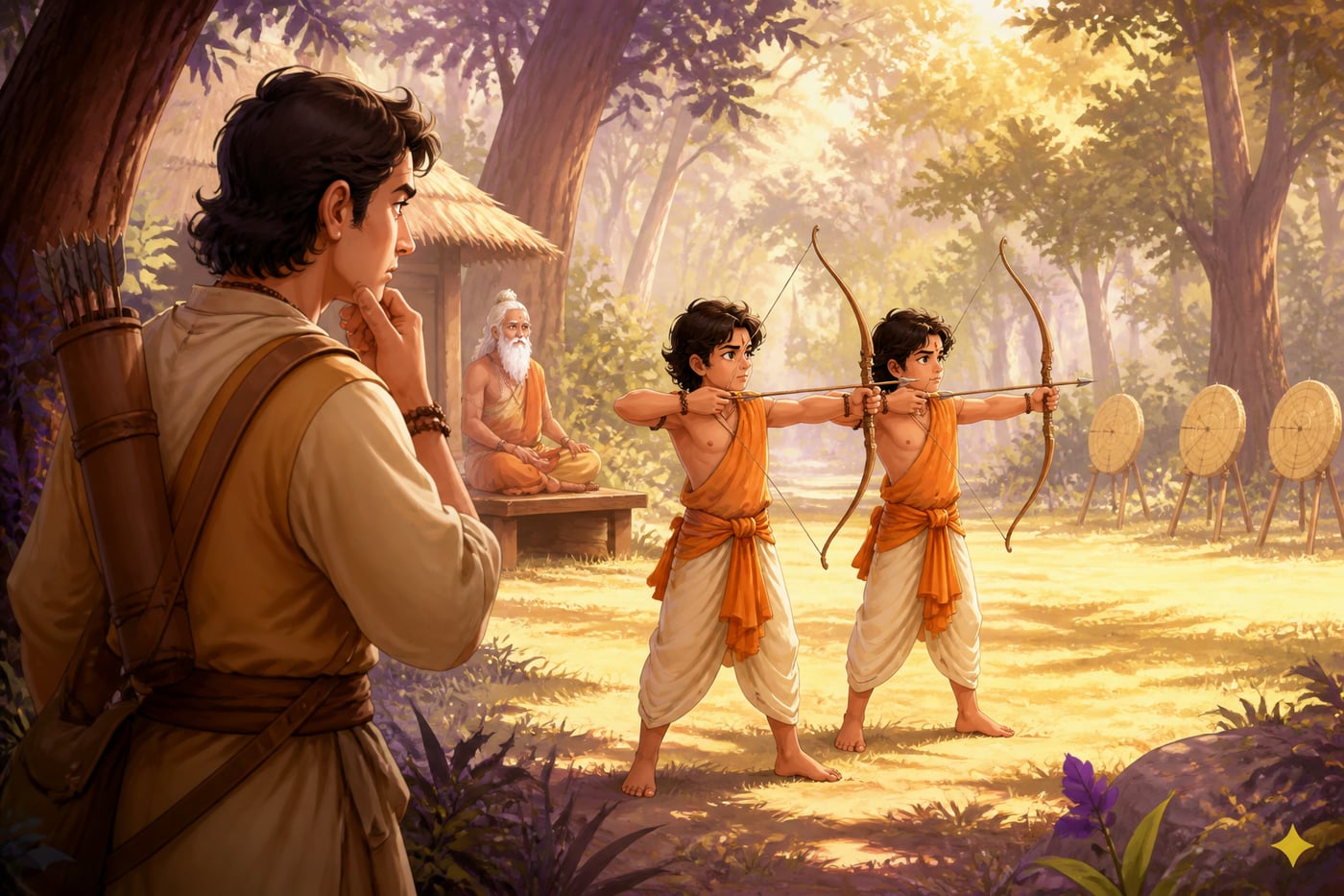 Shatrughna pauses to watch the twin boys practice archery