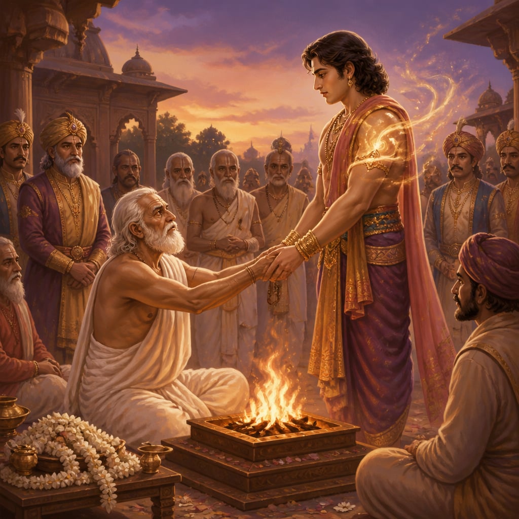 Old King Yayati kneels before a sacred fire holding the hands of his son Puru in solemn exchange as youth flows back into Puru's frame.