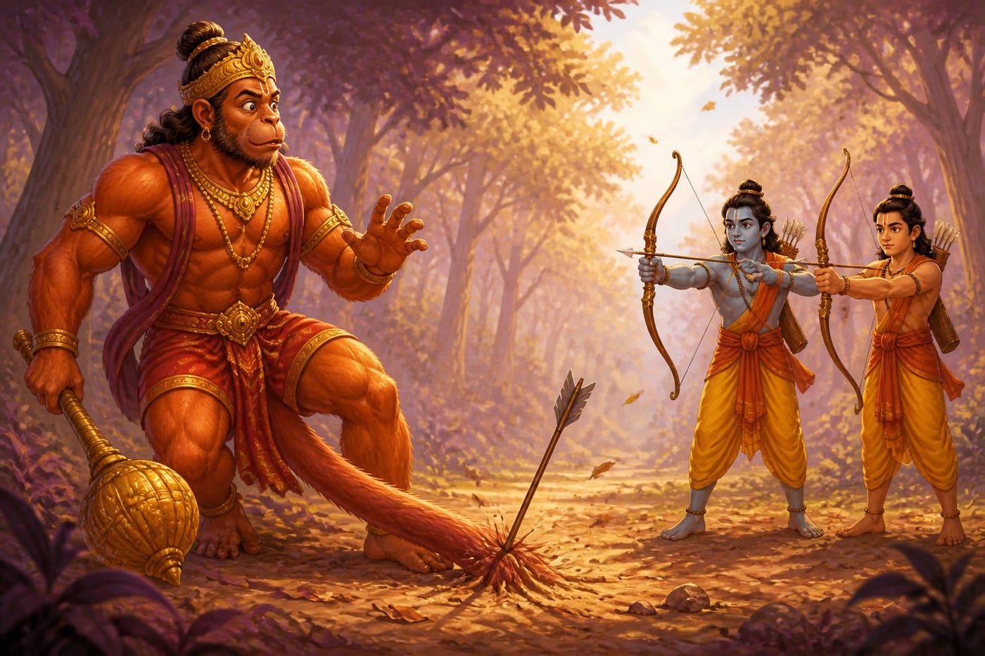 Hanuman halted by an arrow pinning his tail to the ground