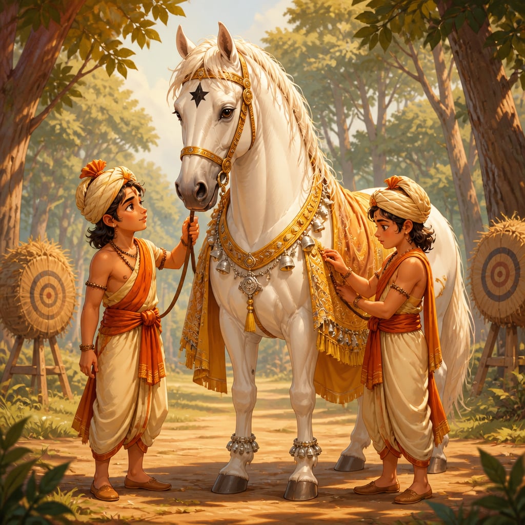 The twin princes Lava and Kusha examine the magnificent royal Ashvamedha horse in their forest clearing, studying its golden ornaments.