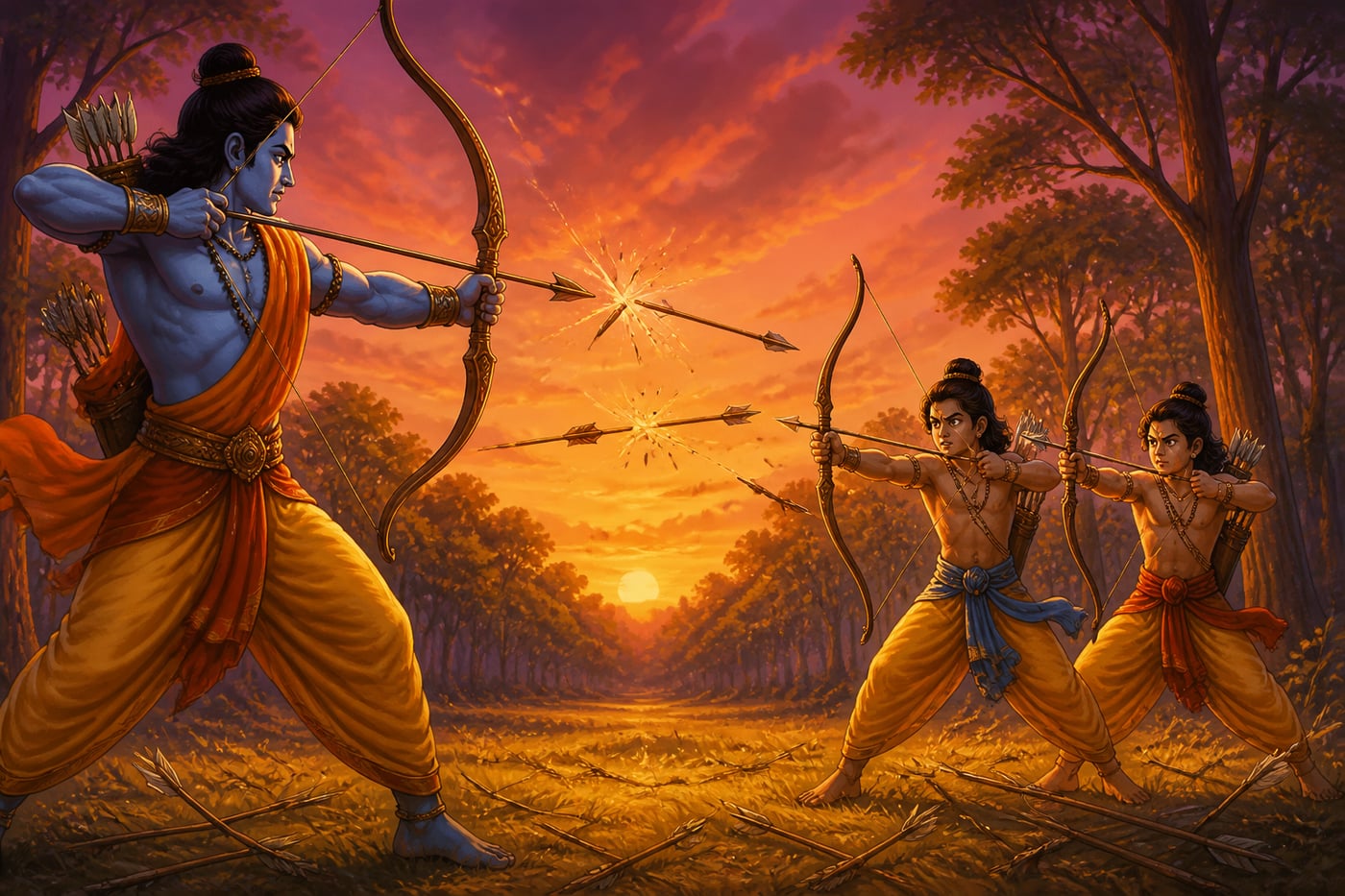 Rama and the twins locked in archery combat at sunset