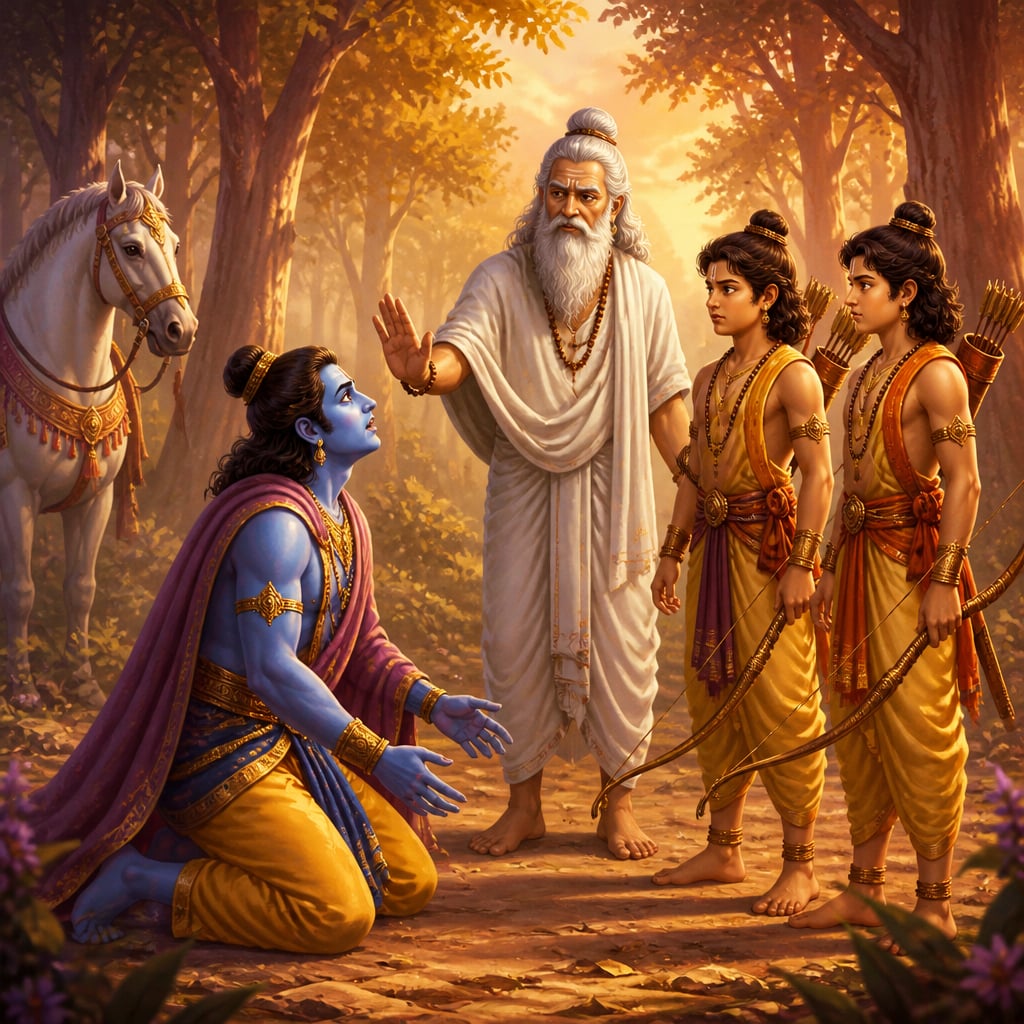 Rama sinks to his knees in the forest clearing as Valmiki stands between him and the twin warriors Lava and Kusha, the truth becoming undeniable.