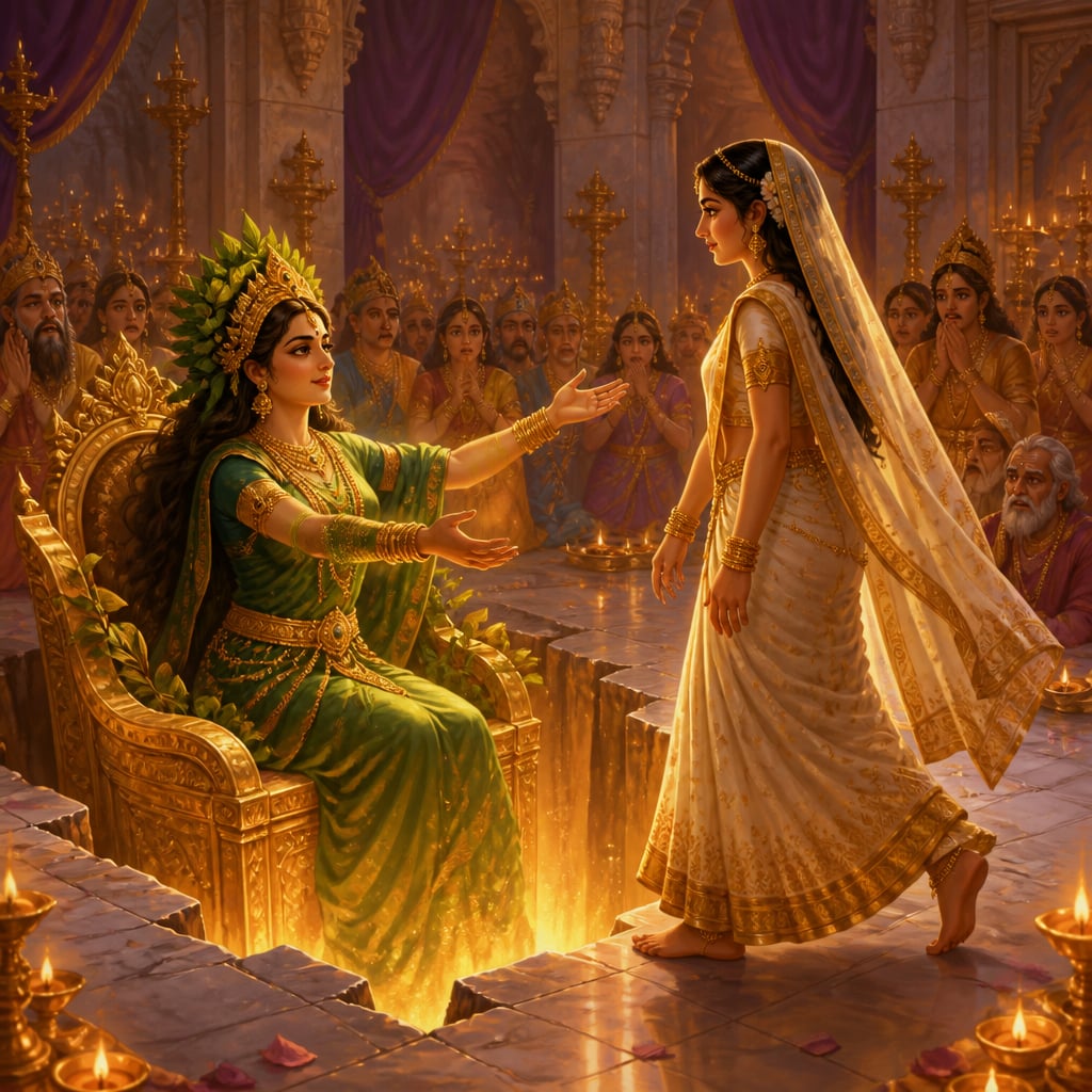 Bhumi Devi rises on a golden throne from a chasm in the marble floor of the Ayodhya hall, arms outstretched in welcome toward her daughter Sita.