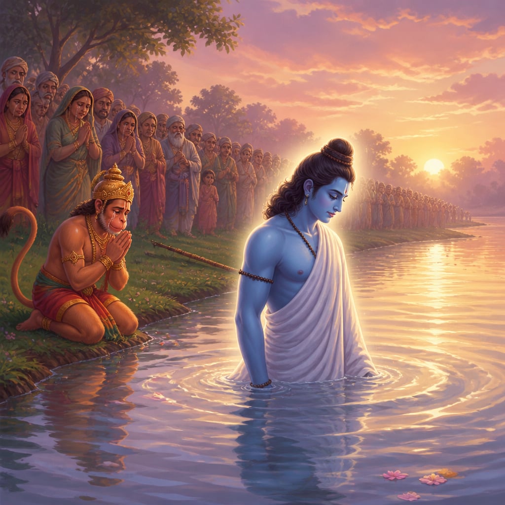 Rama in plain white walks slowly into the still dawn waters of the Sarayu river while a vast crowd of citizens and Hanuman watch in tearful reverence.