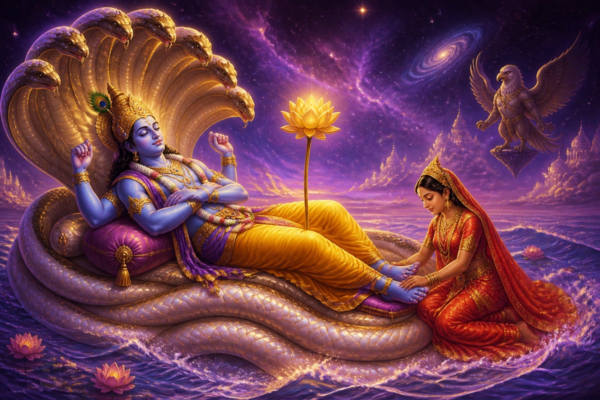 Vishnu reclining on Shesha in Vaikuntha