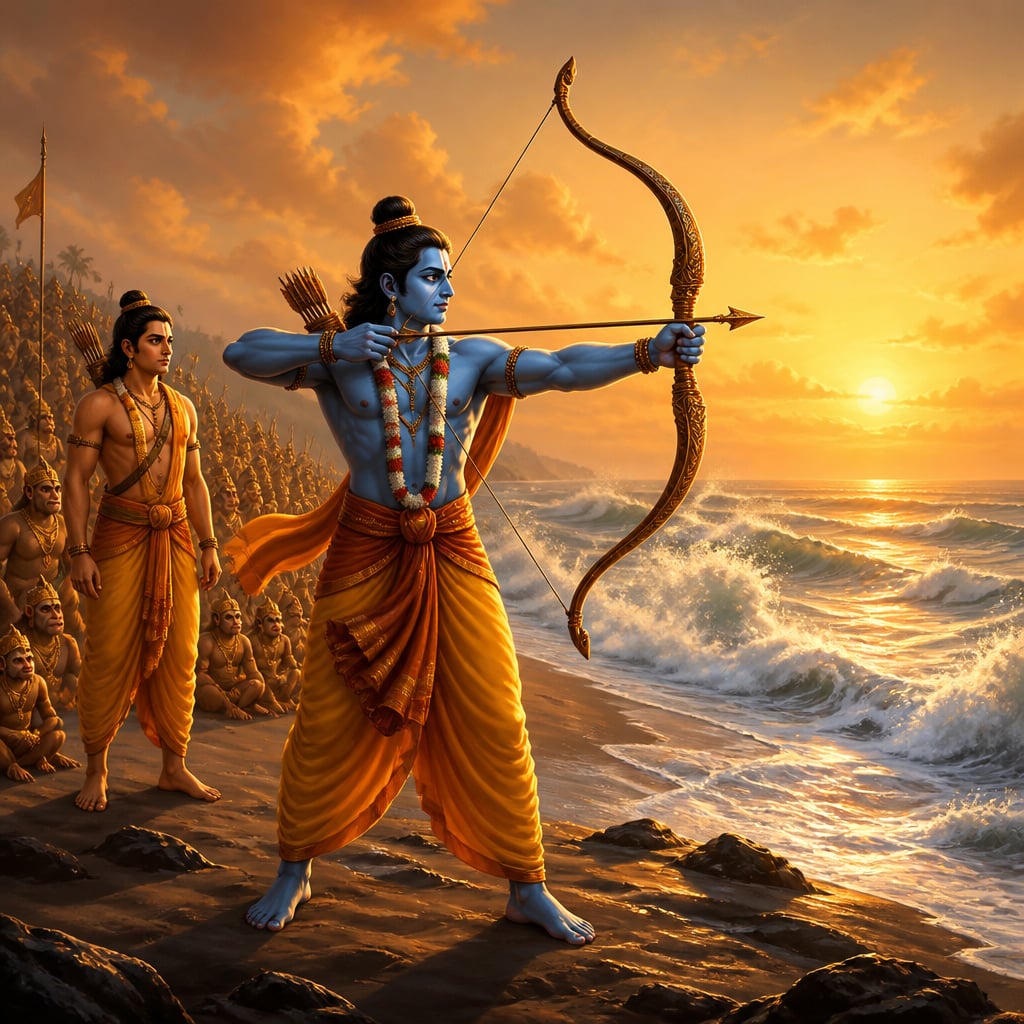 Rama draws his blazing arrow and aims at the churning ocean from the dark southern shore at dawn after three days of fasting.