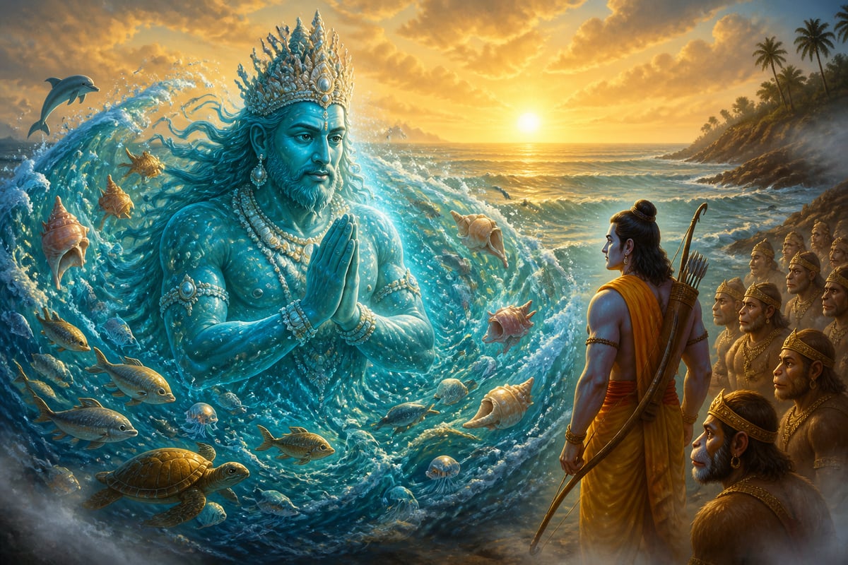 Samudra rises from the ocean to plead before Rama