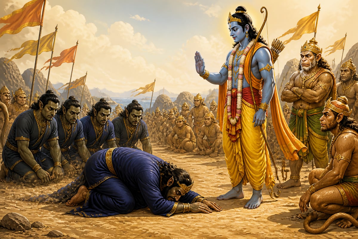 Vibhishana prostrates before Rama in surrender