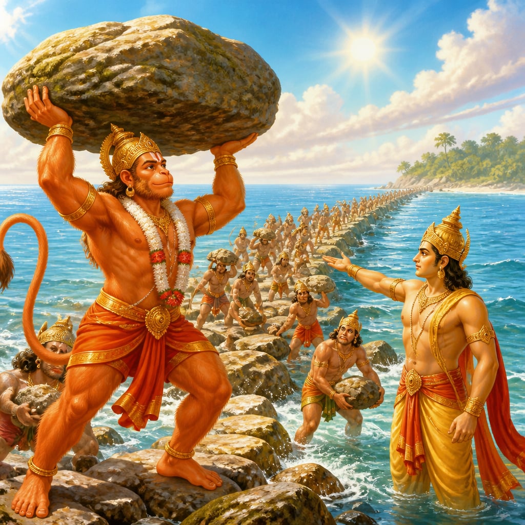 Hanuman hoists a massive mossy boulder above his head as Nala directs vanara workers placing stones into the half-built causeway under the bright midday sun.