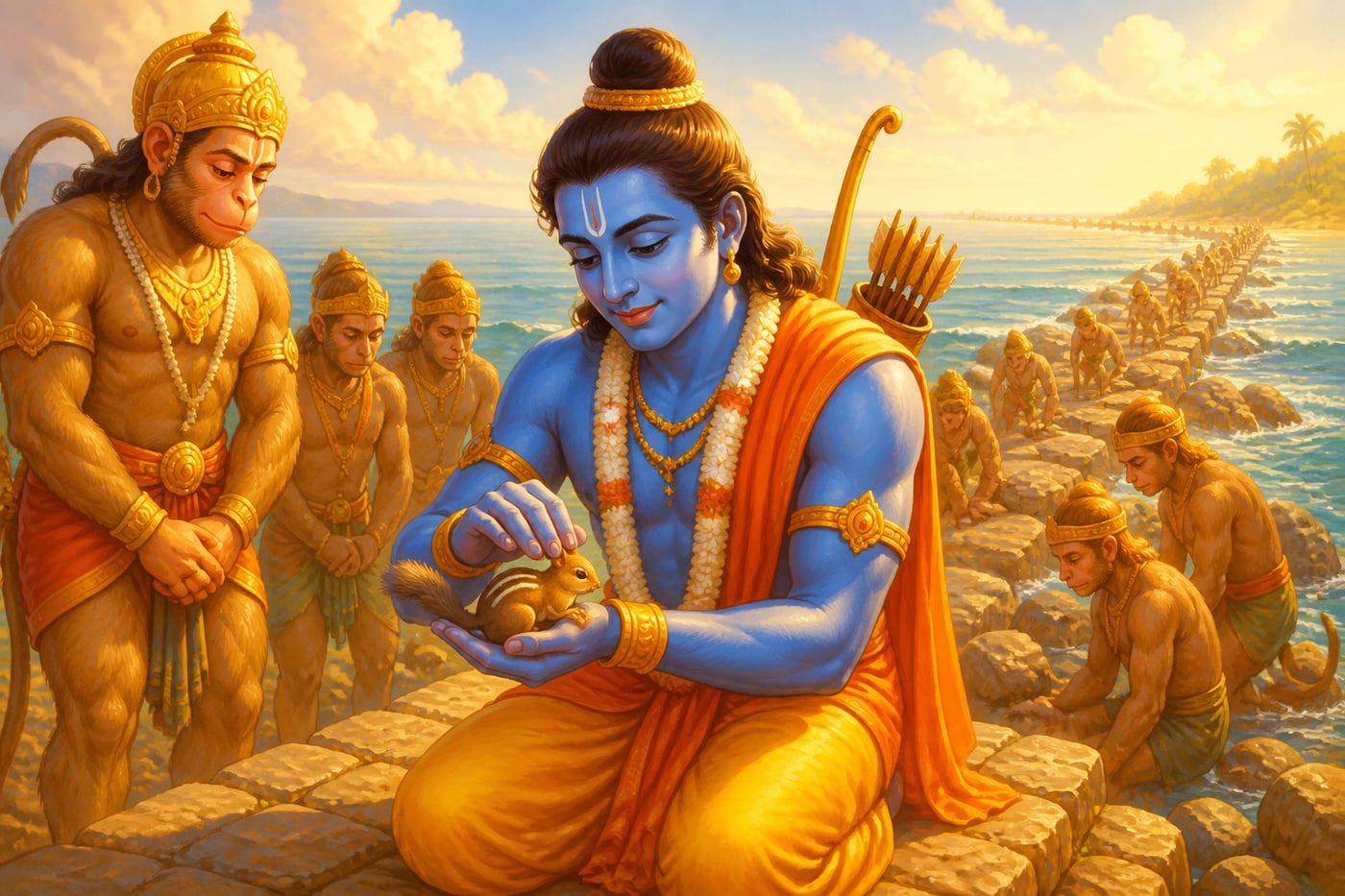 Rama strokes the squirrel's back, leaving three stripes