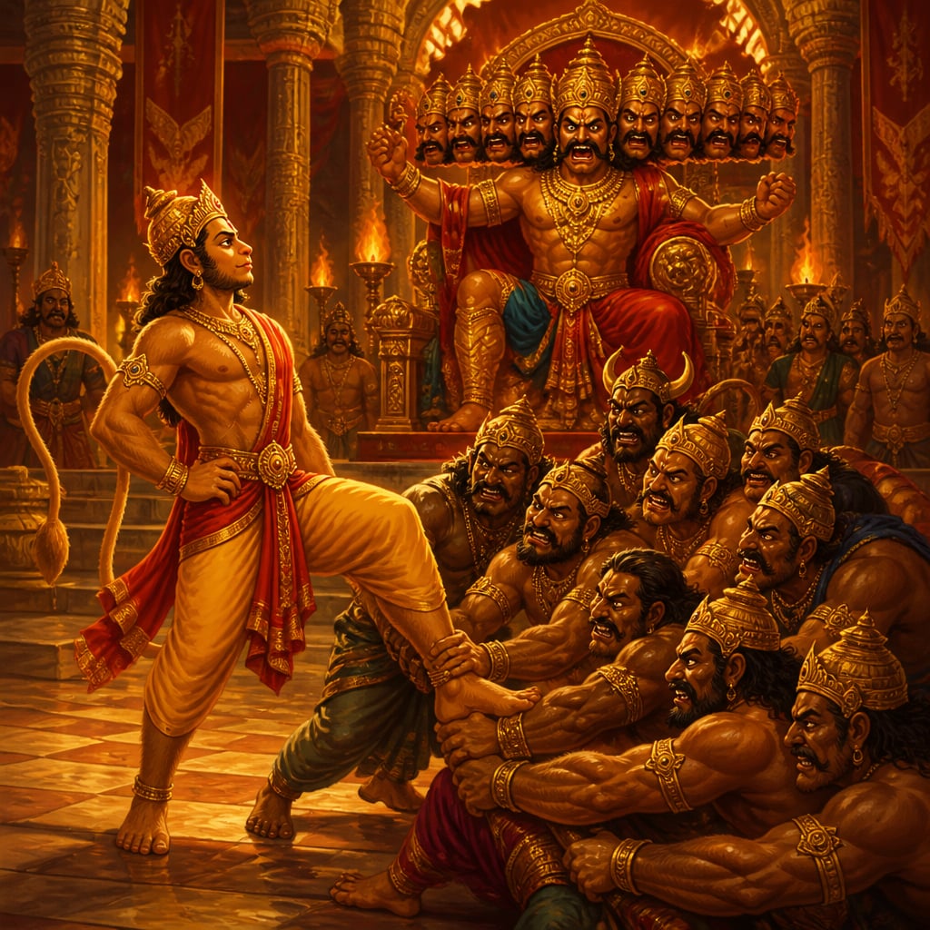 Angada plants one foot on the stone floor of Ravana's lamp-lit throne hall as the ten mightiest rakshasa champions strain together and fail to lift it.