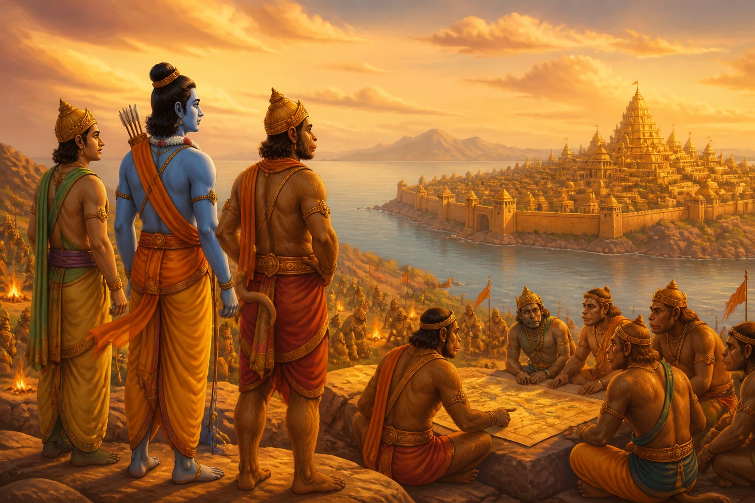 The vanara army camped on Mount Suvela overlooking Lanka