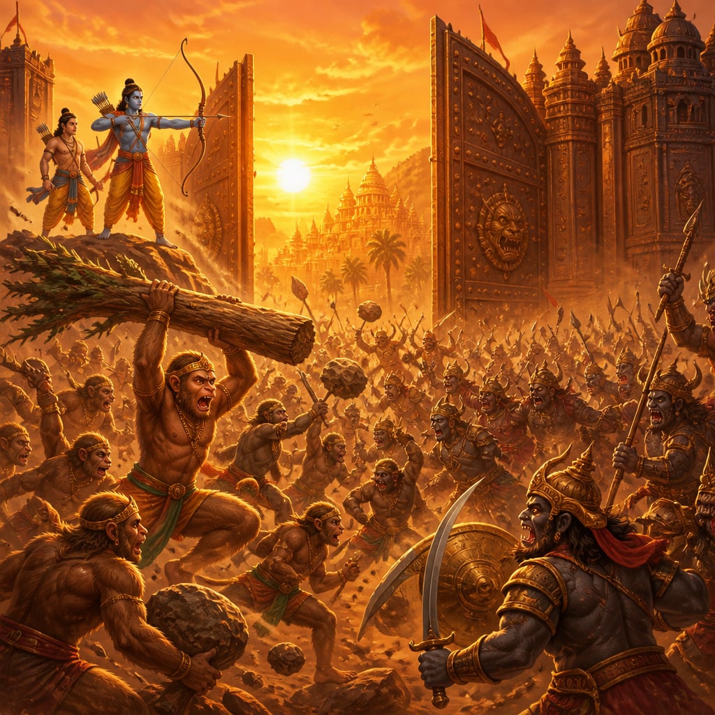 The iron gates of Lanka swing open at sunrise as the vanara host and the rakshasa army crash together on the open plain before the city walls.