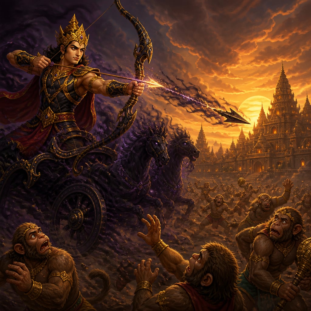 Indrajit rides his shadow and thunder chariot above the dusk battlefield, drawing a dark-glowing arrow as the vanaras below scatter in dismay.