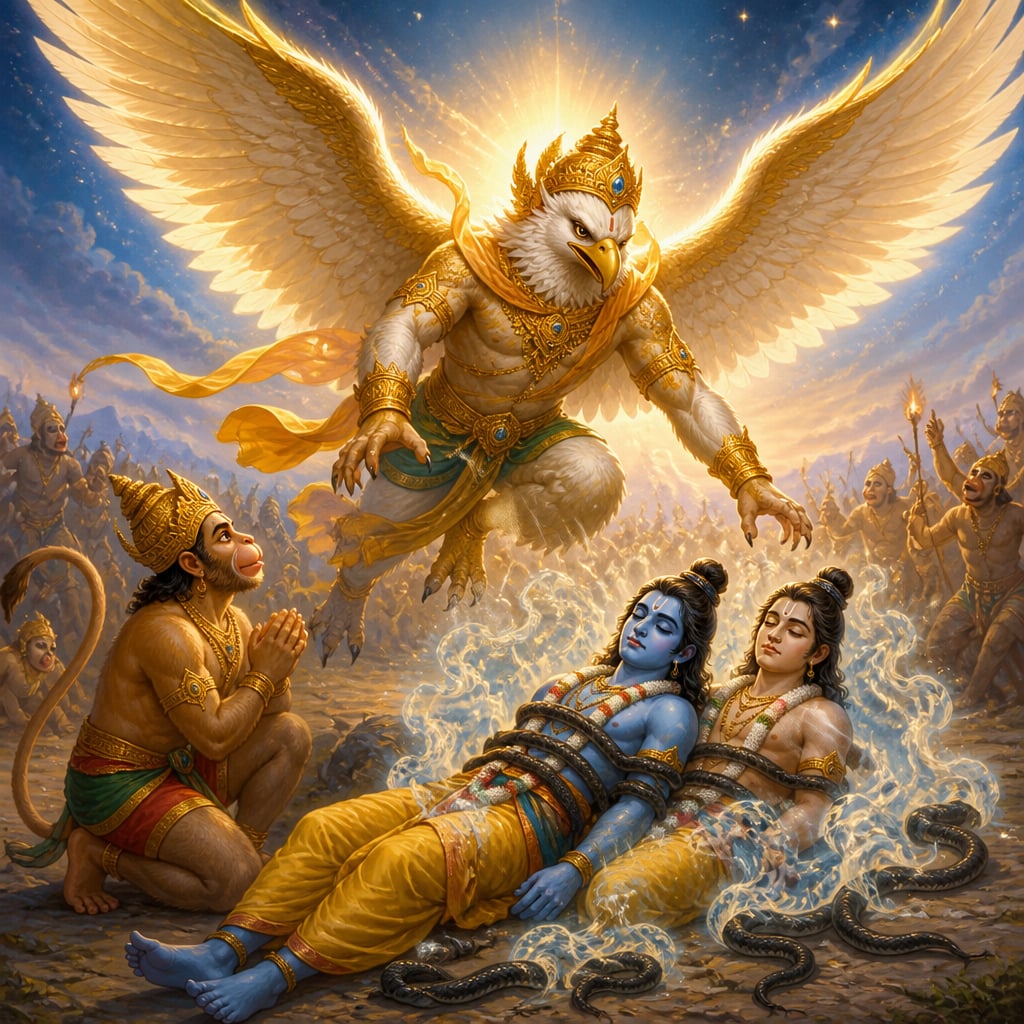 Garuda descends from the pre-dawn sky on vast white-and-gold wings as the serpent bonds dissolve from Rama and Lakshmana and Hanuman kneels in reverence.