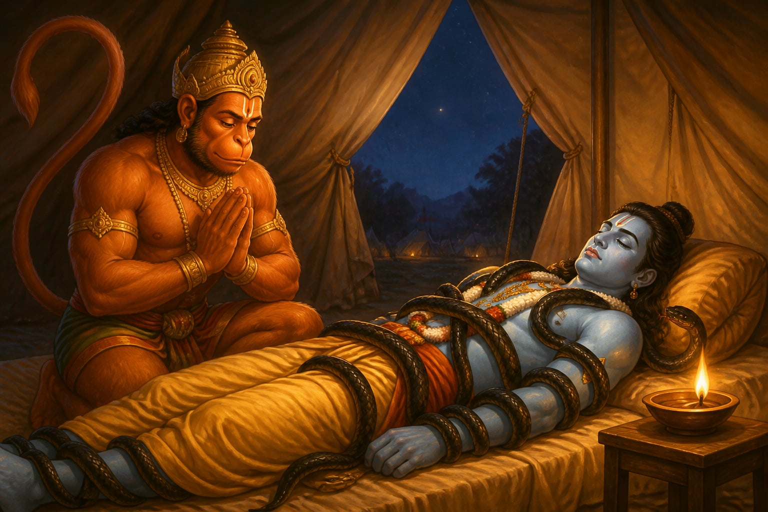 Hanuman keeps vigil over the bound Rama through the long night