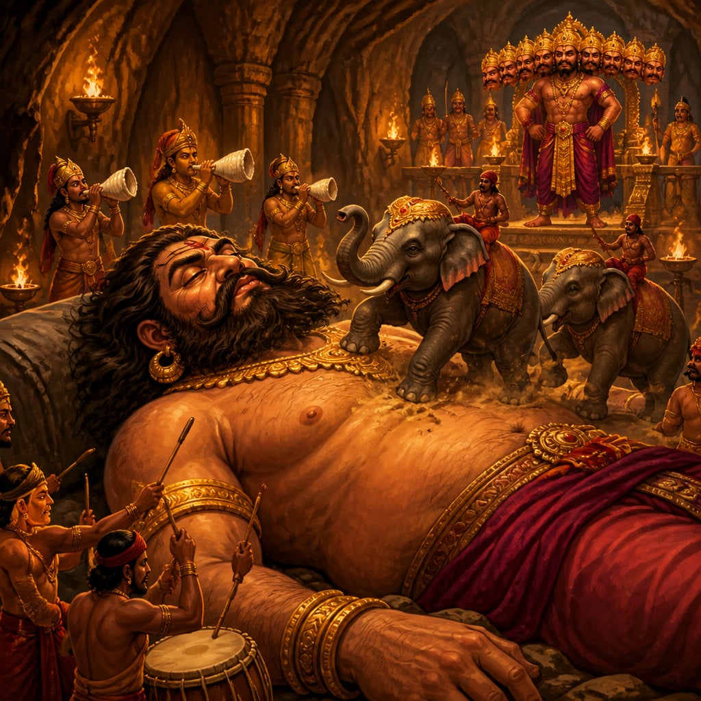 Kumbhakarna stirs on his vast stone bed deep beneath Lanka as drums sound, conches blare, and elephants are driven across his chest while Ravana watches.