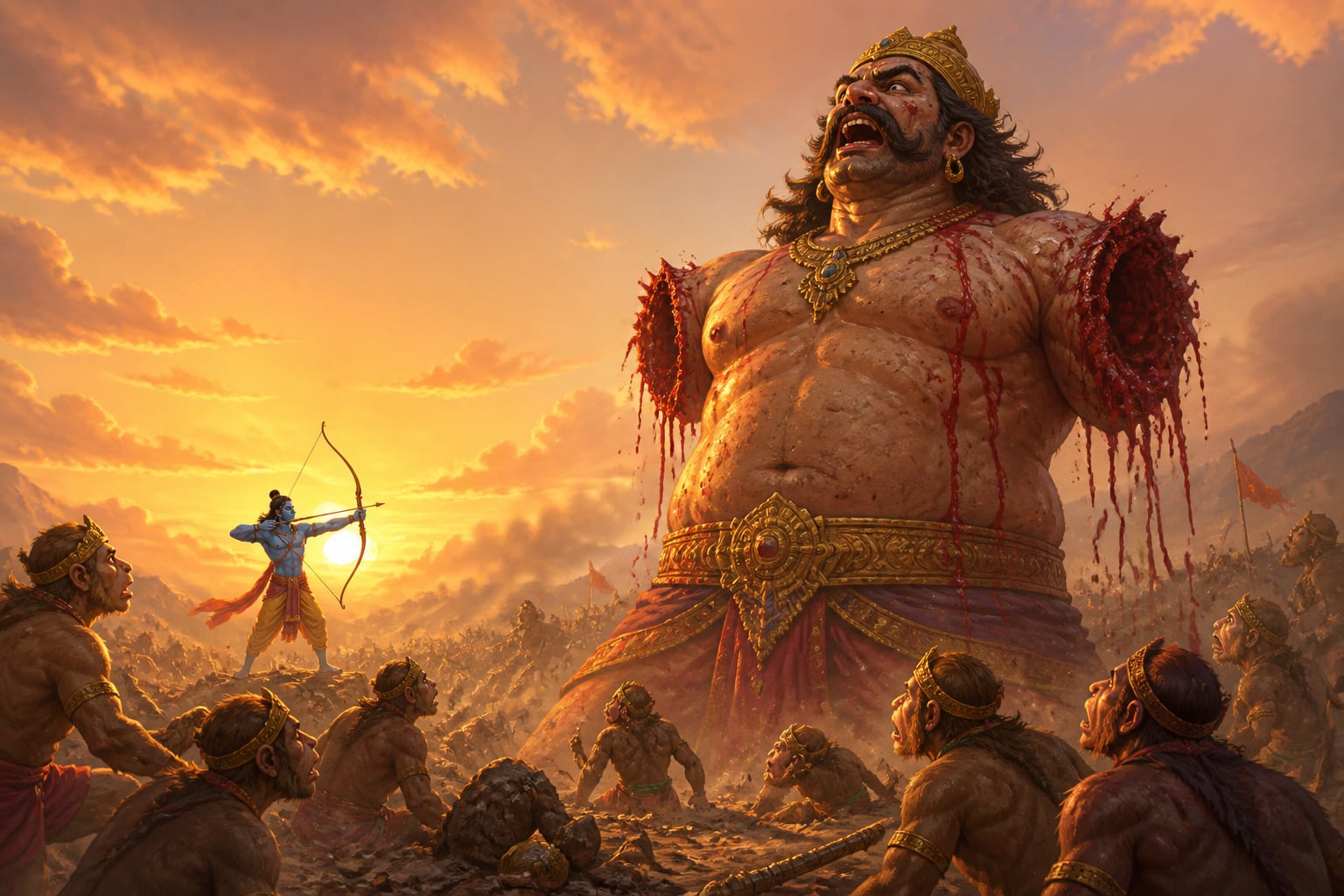 Kumbhakarna stands armless yet defiant after Rama's arrows