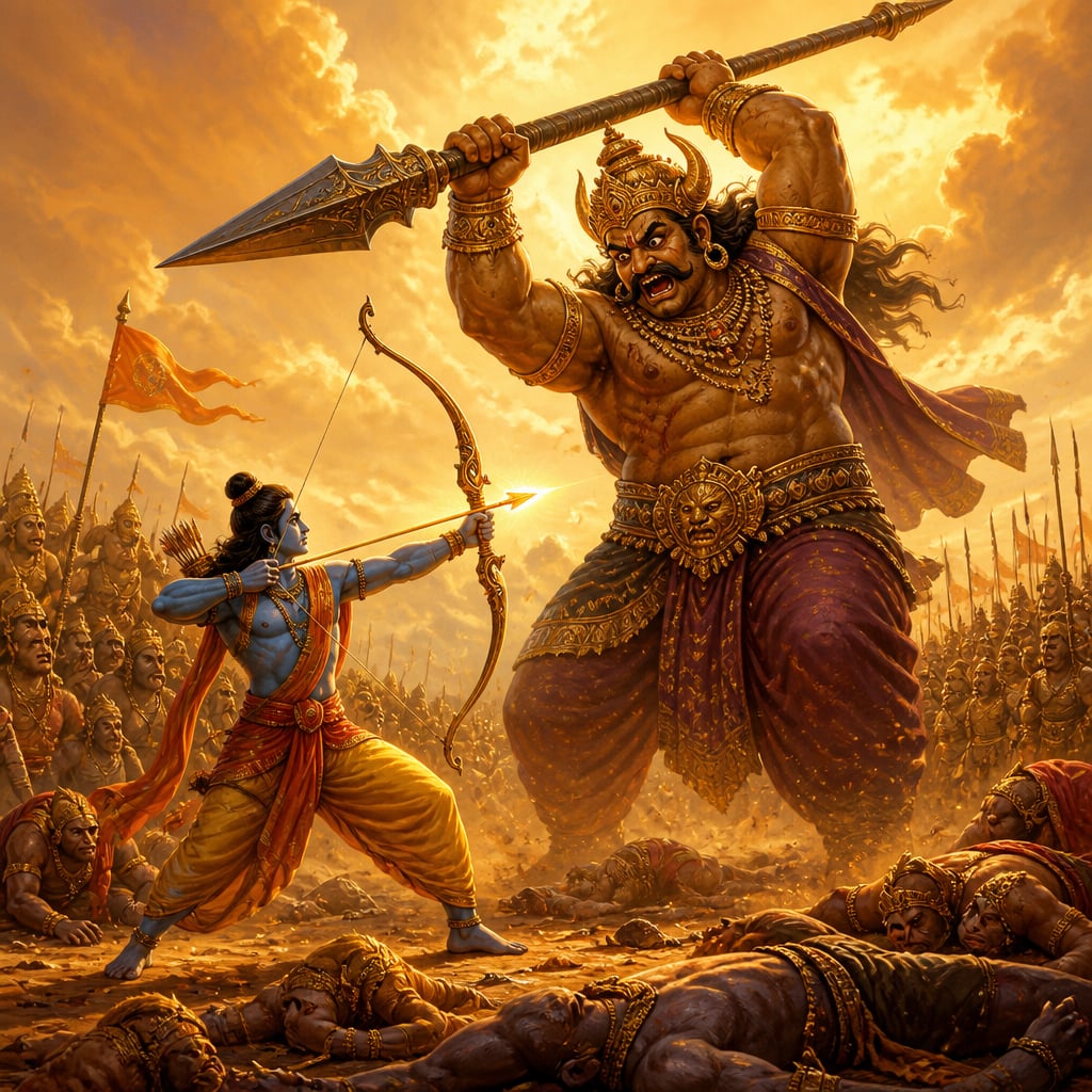 Rama stands firm before the towering Kumbhakarna at noon, a divine arrow glowing on his bow, as the giant raises his tower-like spear to strike.