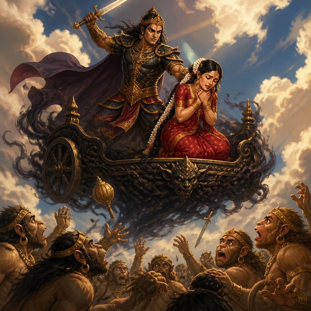 Indrajit raises his sword above the illusory Sita in his shadow chariot at midday as the vanara army below looks up in unified horror.