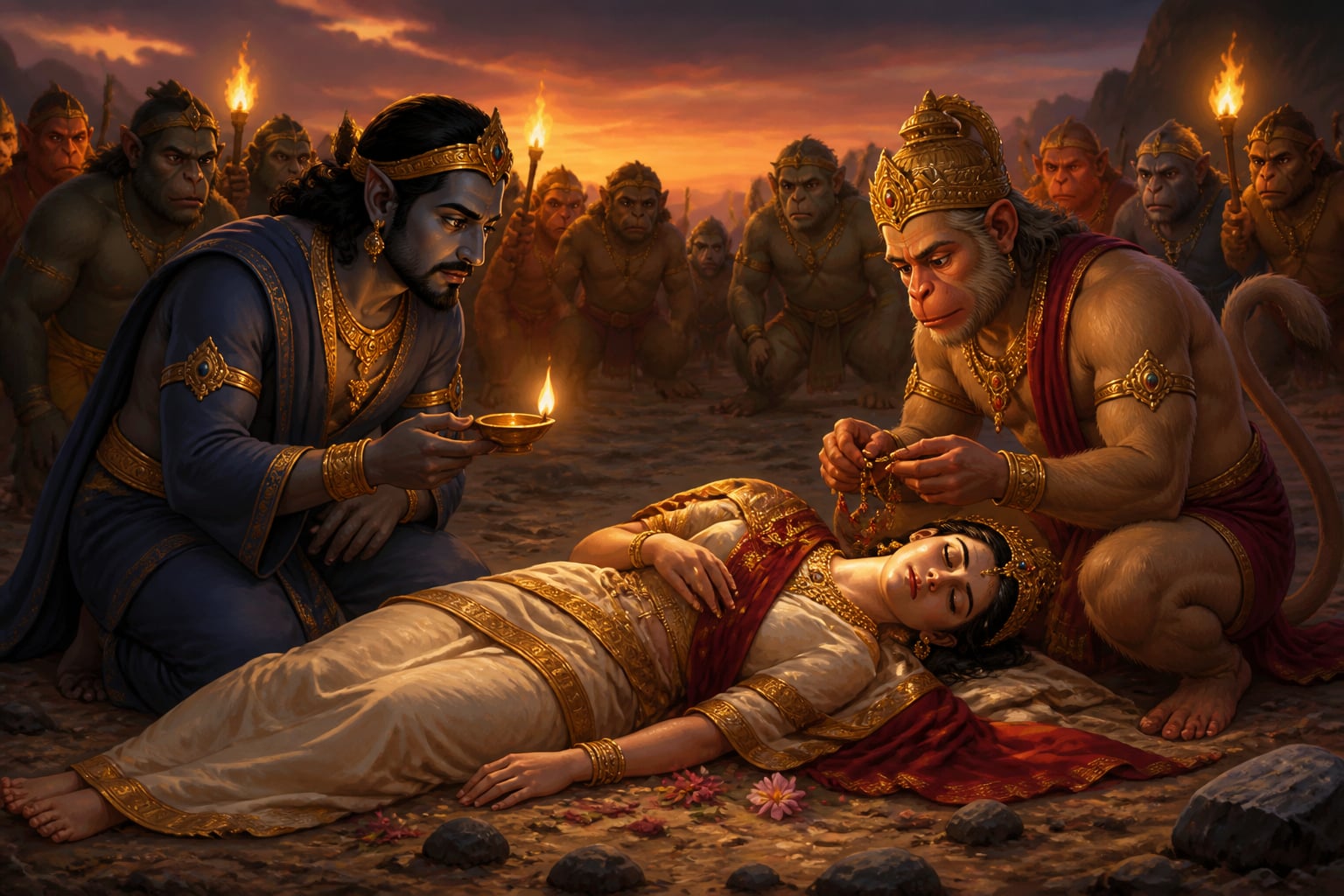 Vibhishana inspects the false Sita and sees through the illusion