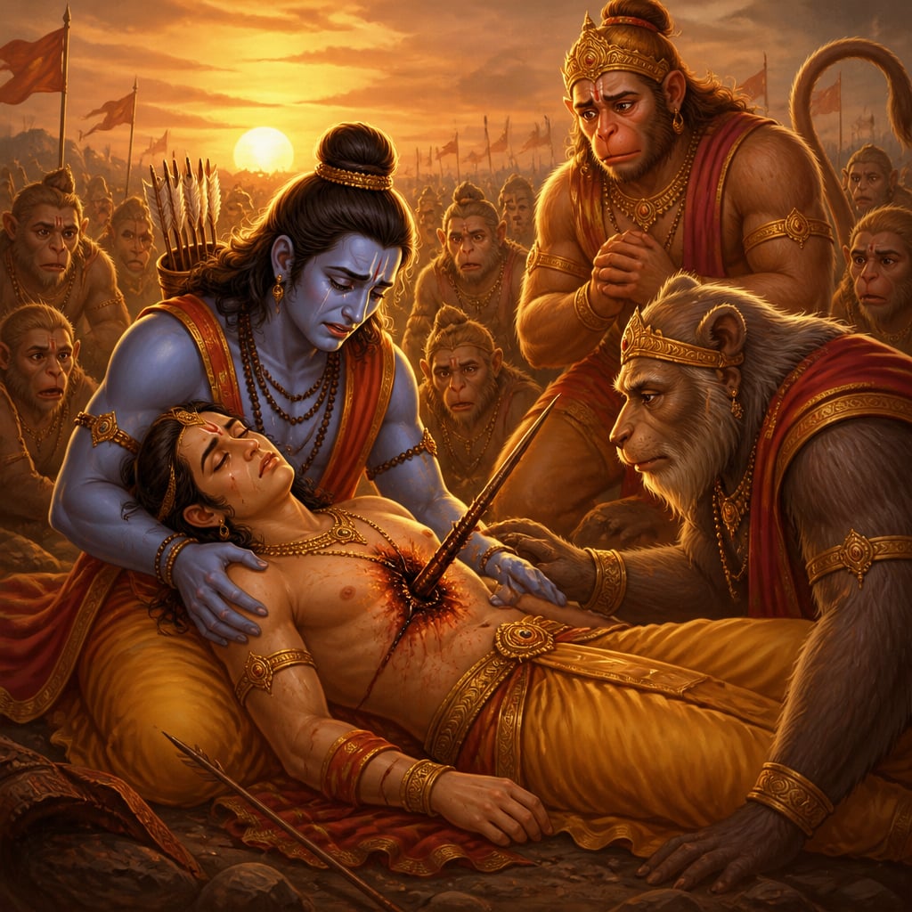 Rama cradles the wounded Lakshmana on the dusk battlefield, the Shakti spear still embedded in his chest, as Jambavan kneels close and Hanuman watches in stricken urgency.