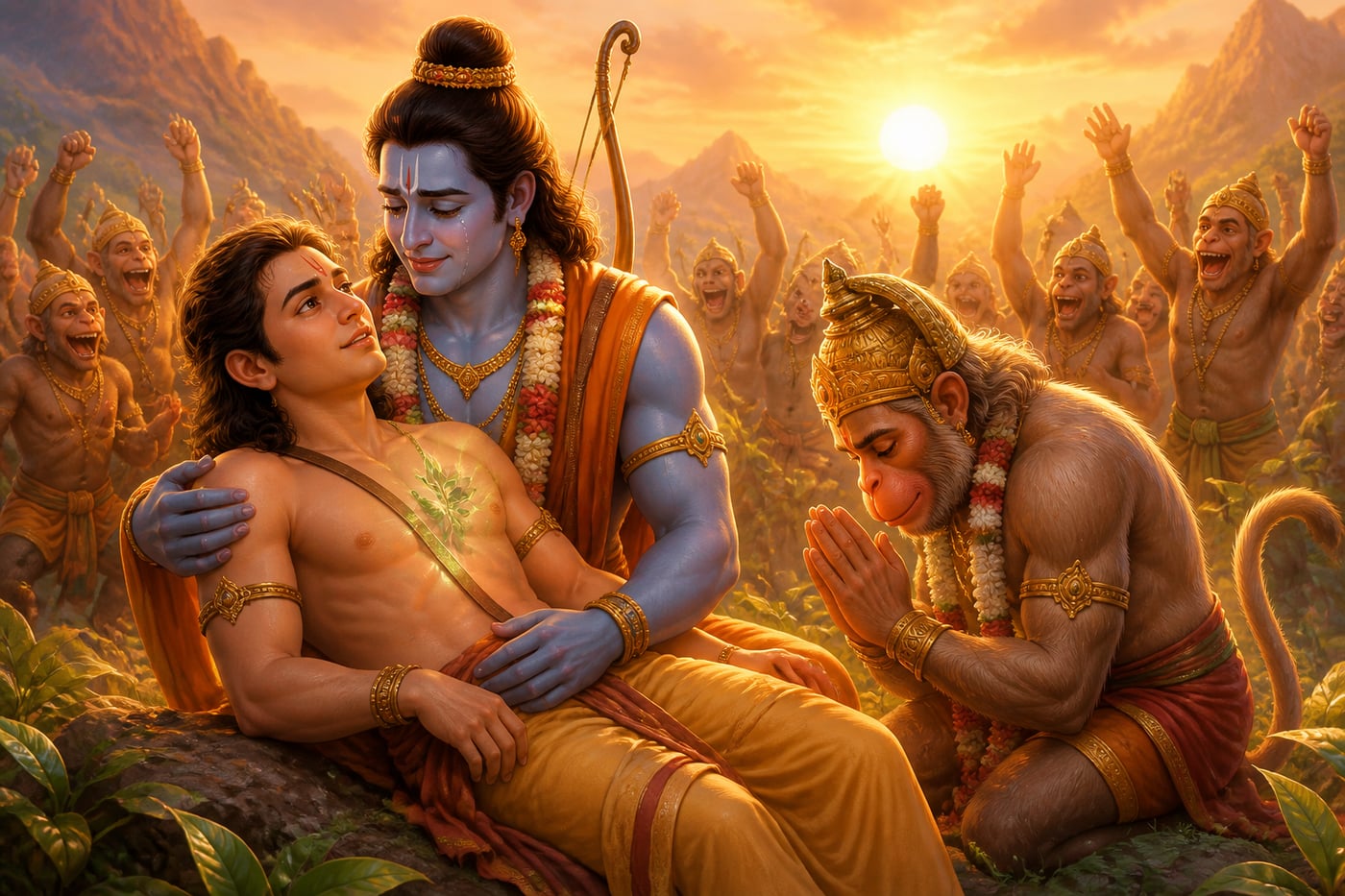 Lakshmana opens his eyes and draws his first breath as Rama weeps