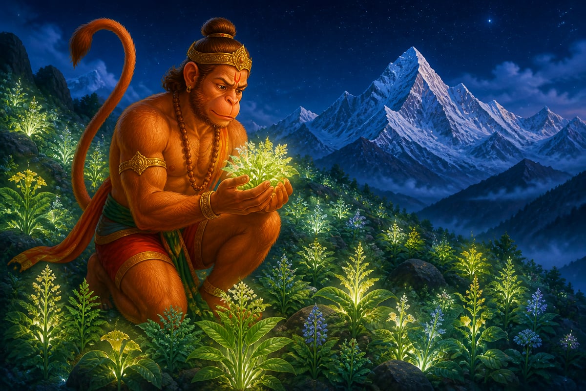 Hanuman searches a glowing garden of Himalayan herbs for Sanjeevani