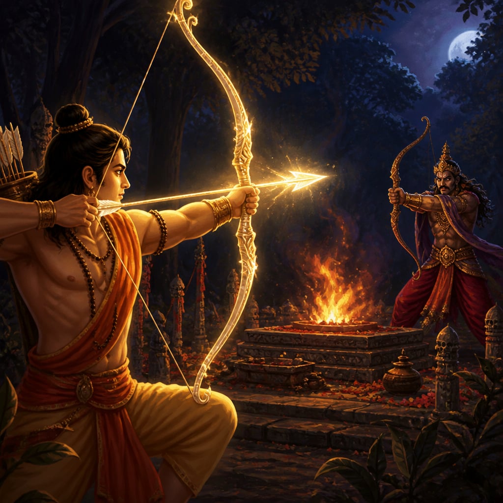 Lakshmana draws his bow fully back at the edge of the Nikumbhila grove at deep night, the glowing Indraastra notched, as Indrajit lifts his own bow in defense.
