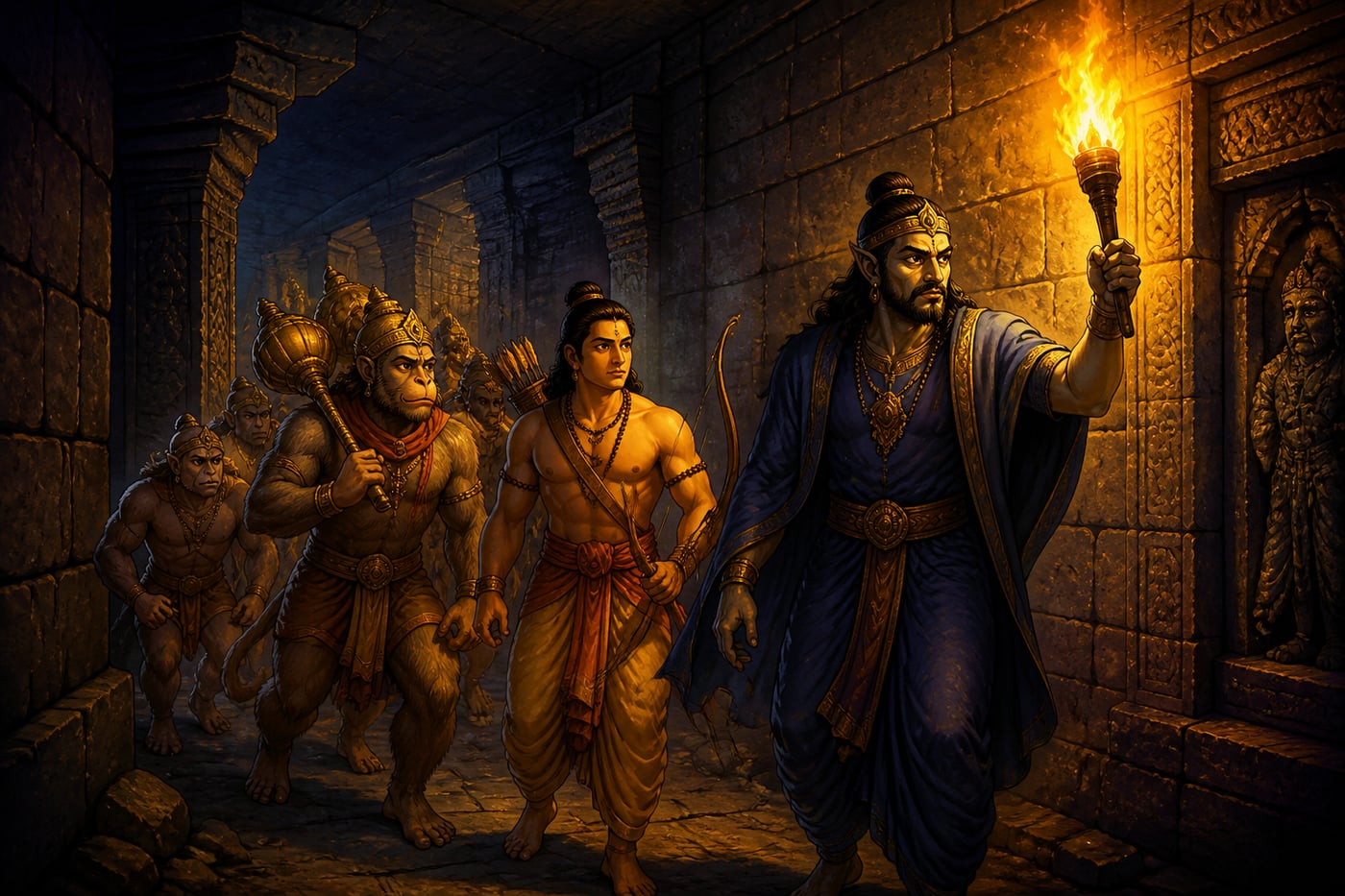 Vibhishana leads the strike force through ancient tunnels beneath Lanka