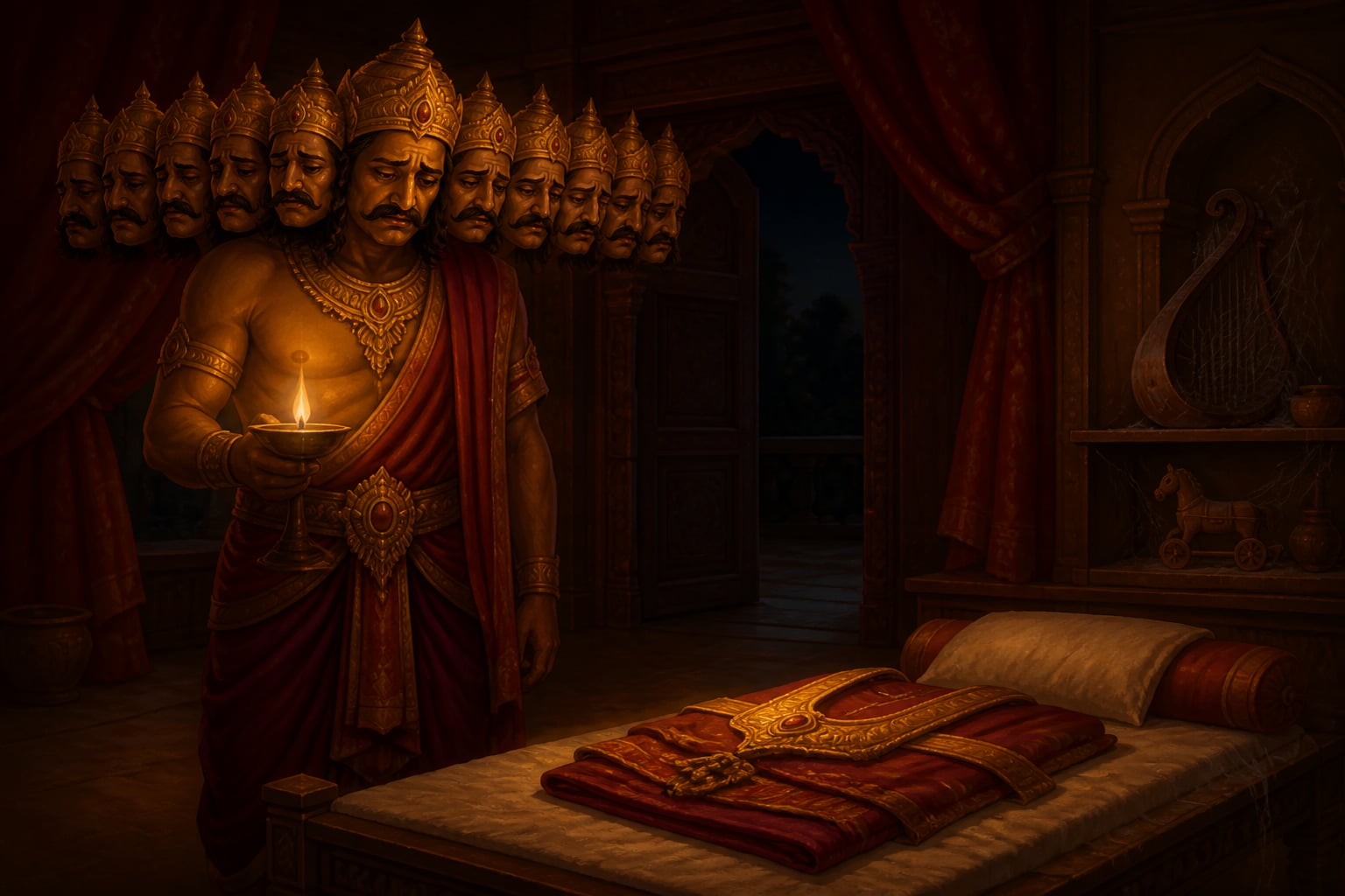 Ravana stands alone in his dead son Indrajit's empty bedchamber