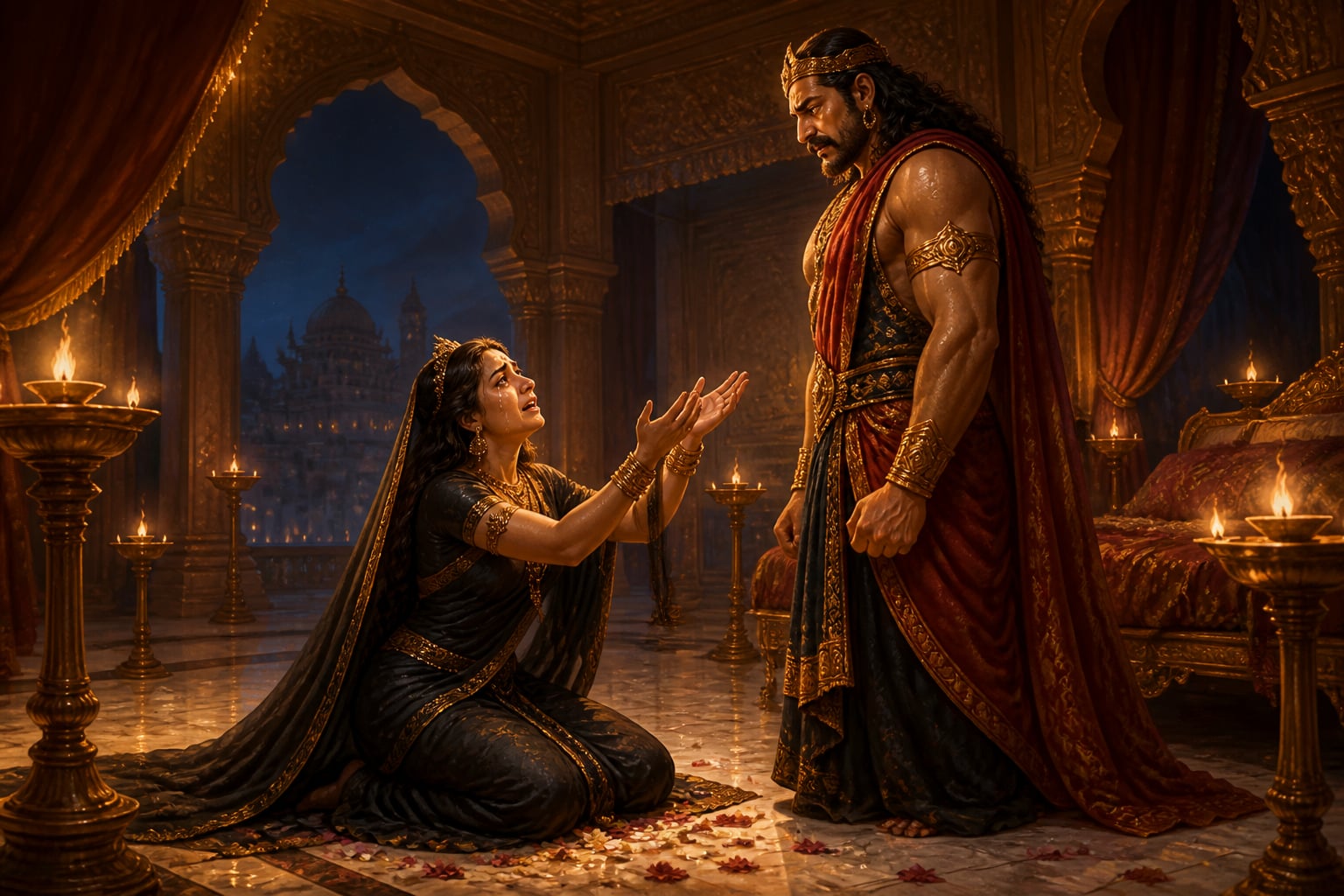 Mandodari kneels before Ravana, pleading for peace