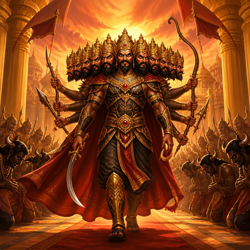Ravana strides from the grand entrance of his palace at sunrise in full battle regalia, ten crowns gleaming, rakshasa guards bowing in two long lines.