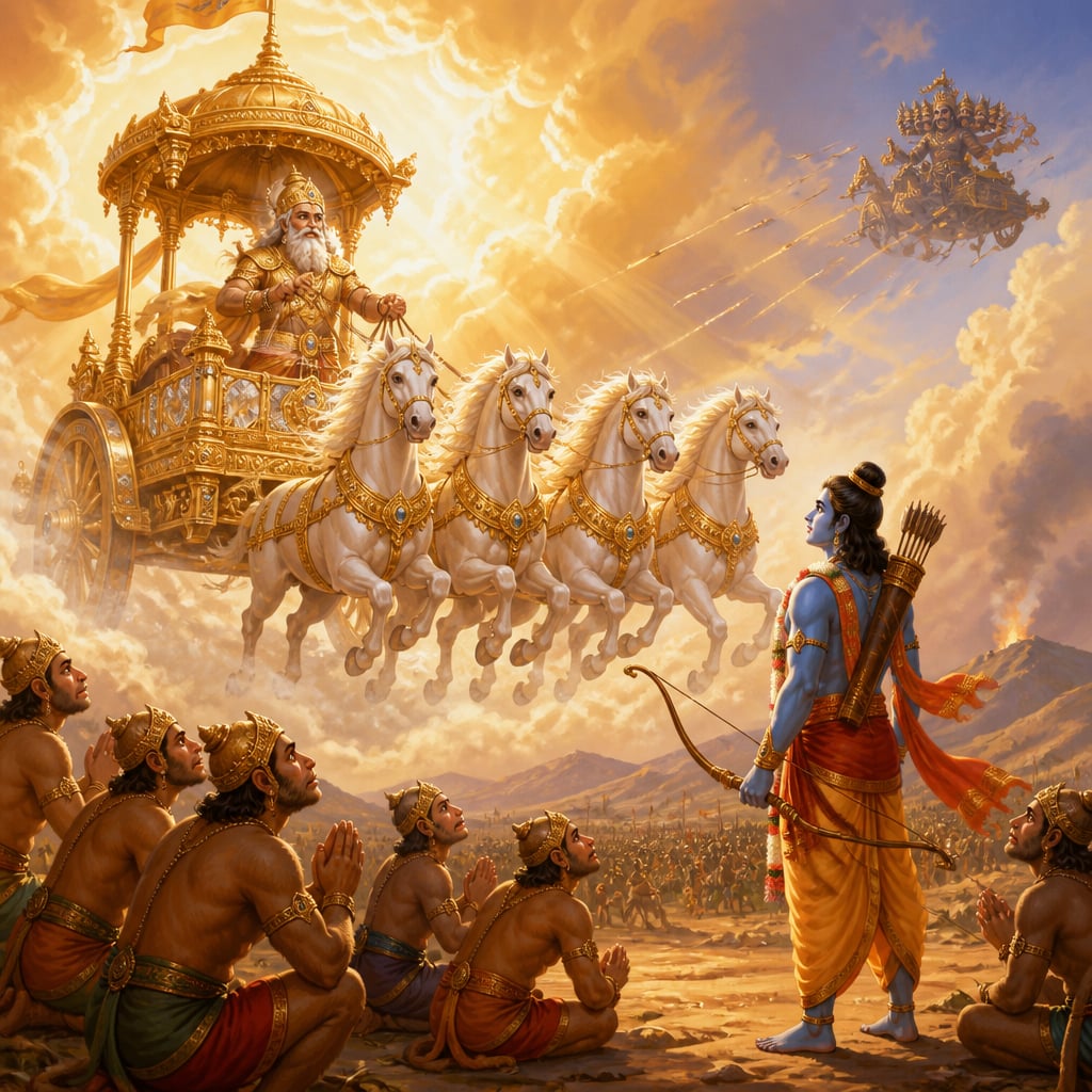 Matali descends in Indra's gold-and-crystal chariot drawn by four luminous horses and lands beside Rama at midday as Ravana's flying chariot looms above.