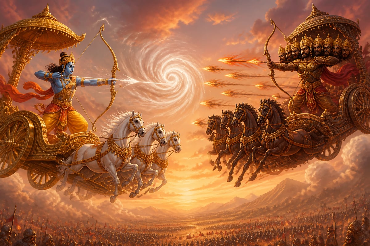Rama and Ravana wheel through the sky in divine chariots