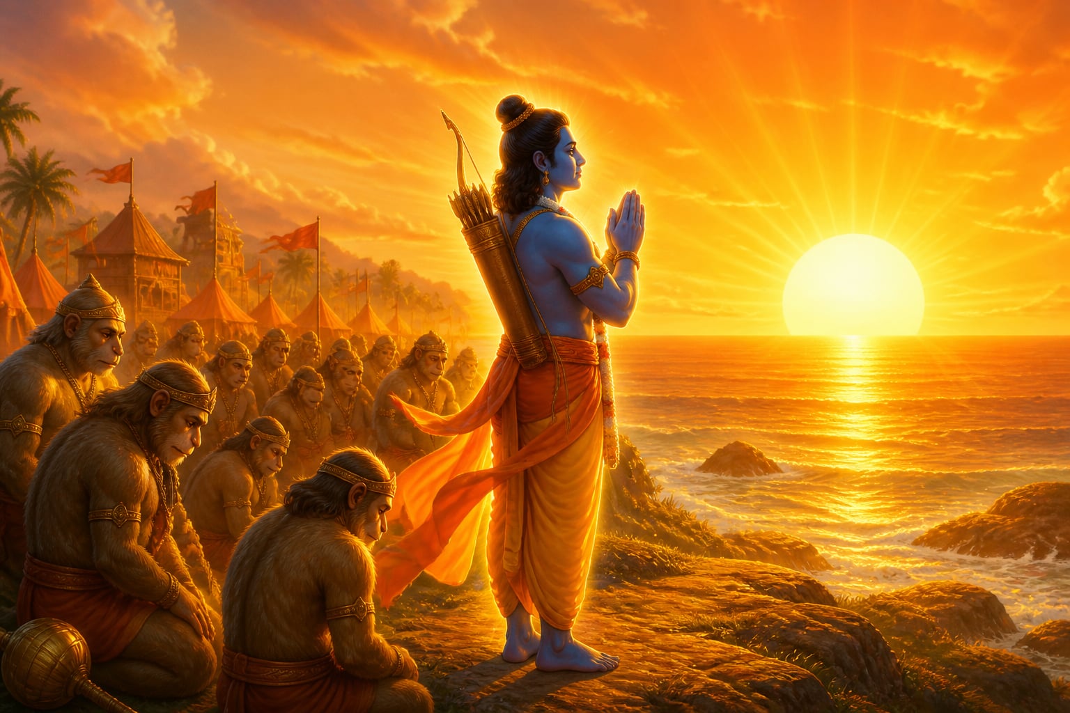Rama recites the Aditya Hridayam at sunrise, glowing with inner light