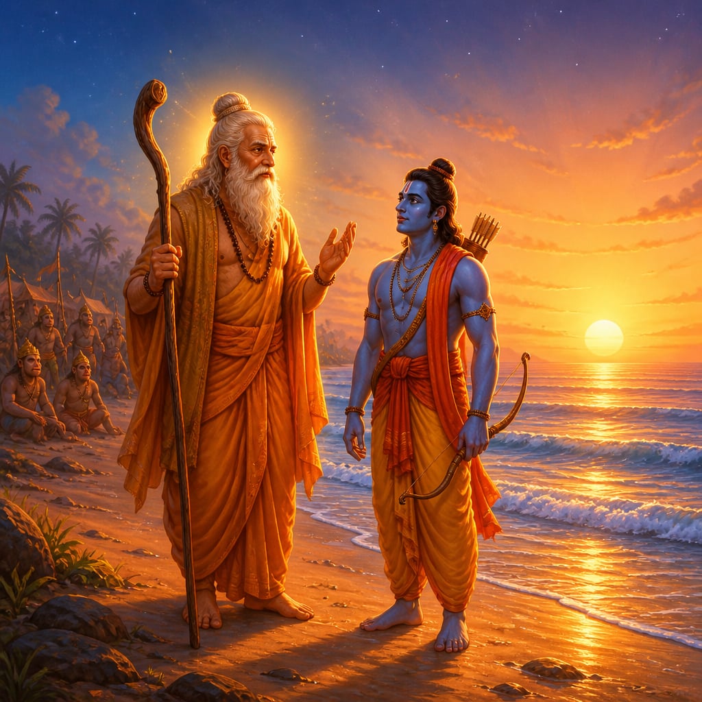 Sage Agastya manifests on the empty southern shore beside Rama at first light, the eastern horizon glowing amber and gentle waves curling at their feet.