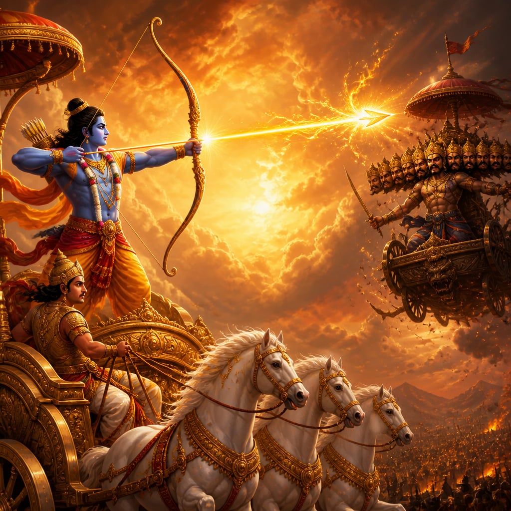 Rama stands in Indra's gold chariot at midday with the Brahmastra burning bright on his fully drawn bow, Matali holding the reins, Ravana's dark chariot opposite at the moment of release.
