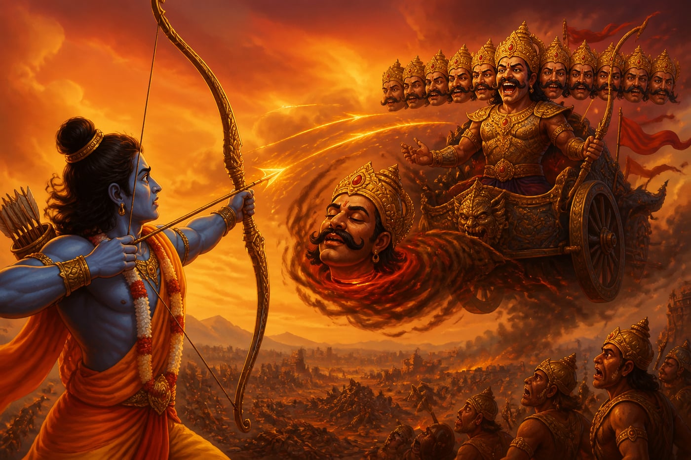 A severed head of Ravana regrows in dark smoke and crimson light