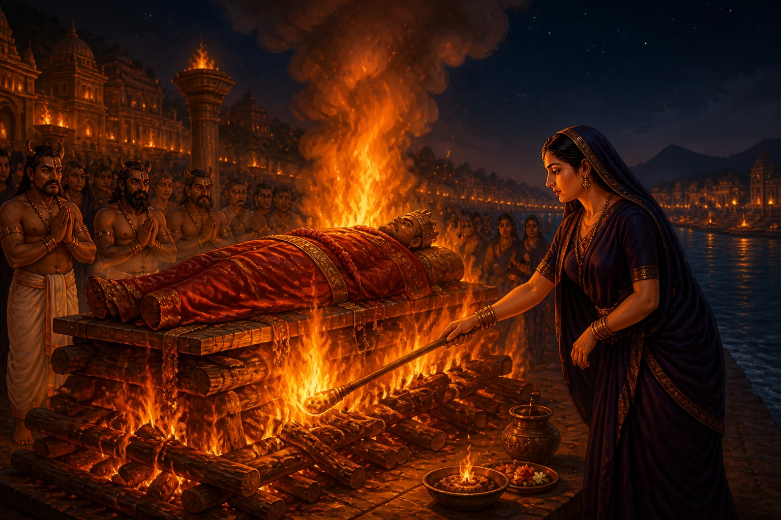 Mandodari lights Ravana's funeral pyre at the riverside ghat