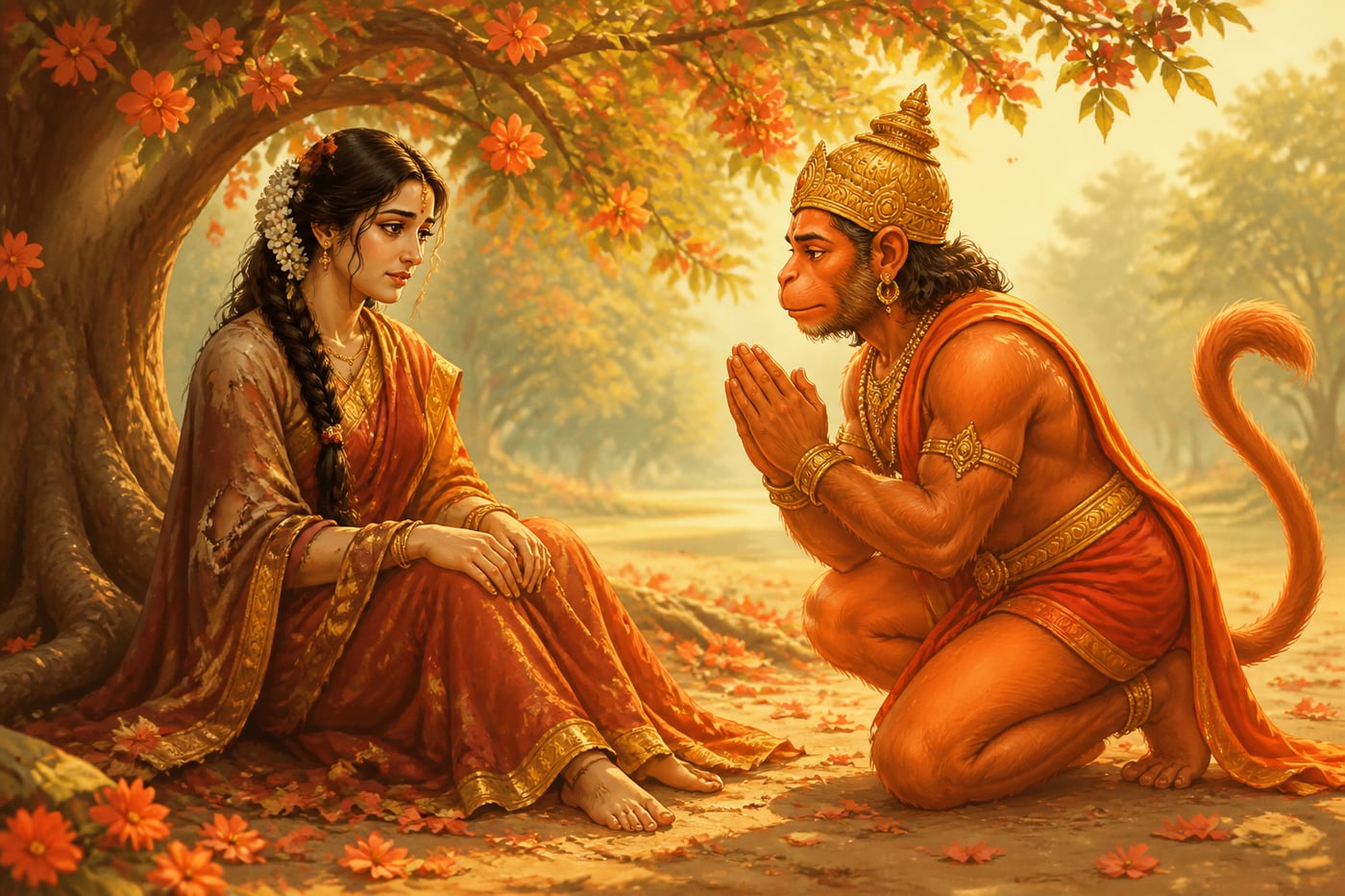 Hanuman kneels before Sita to deliver news of Ravana's death