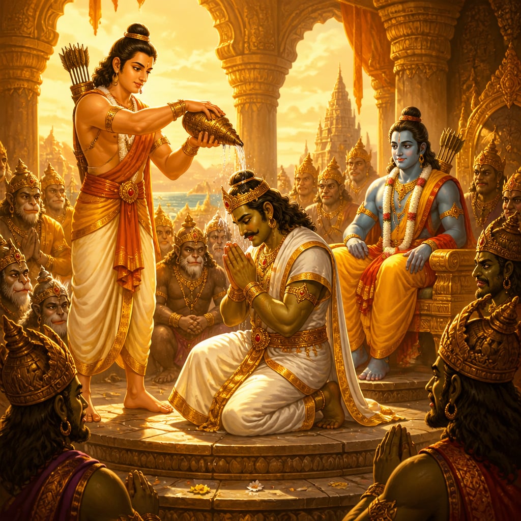 Vibhishana kneels on a carved stone dais inside Lanka's great hall at midday as Lakshmana pours sacred ocean water from a bronze conch over his bowed head, with Rama watching.