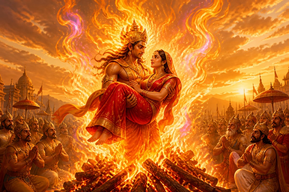 Agni emerges from the flames carrying unharmed Sita